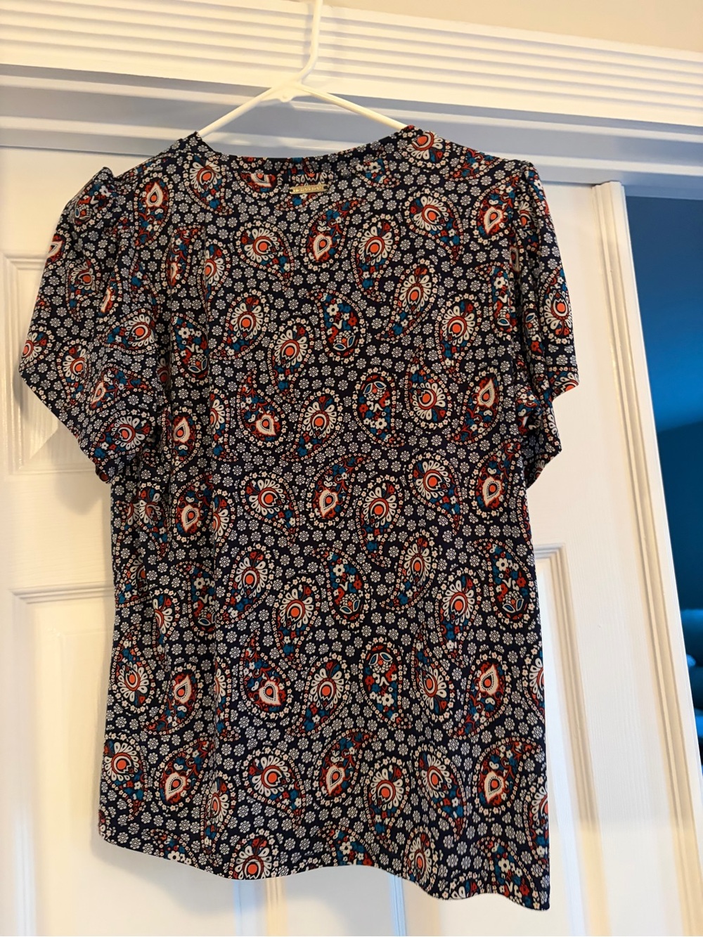 Michael Kors Navy Paisley Short Sleeve Blouse with Red and Blue Accents